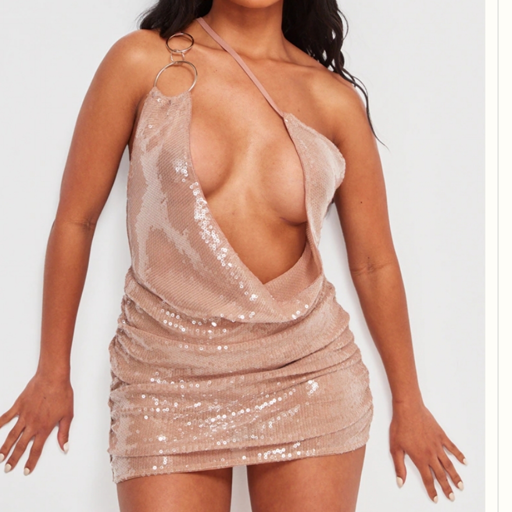 Nude Sequin Cowl Neck Ring Detail Skort Romper